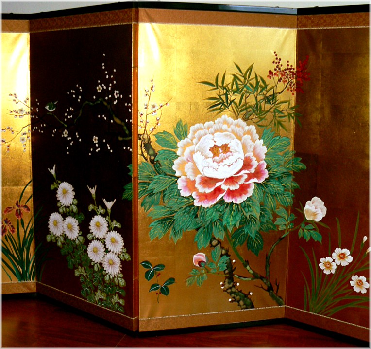 японская традиционная 4-х панельная ширма с автоским рисунком