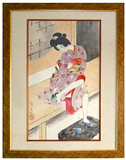 японская картина  Kaburagi Kiyokata Девушка, вытирающая ножку