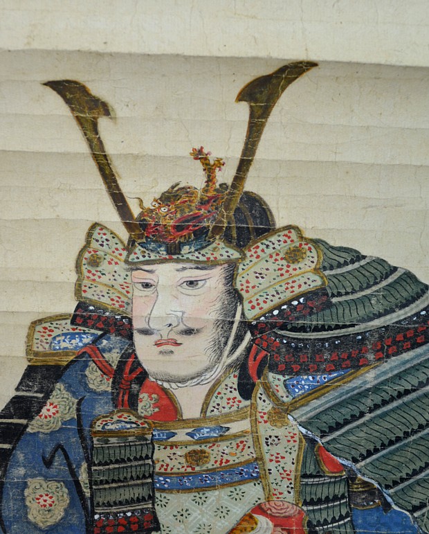 японская акварель на свитке Сегун в полевой ставке