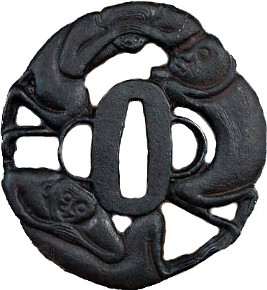 японская цуба с изображением трех обезьянок, подписная, эпоха Эдо